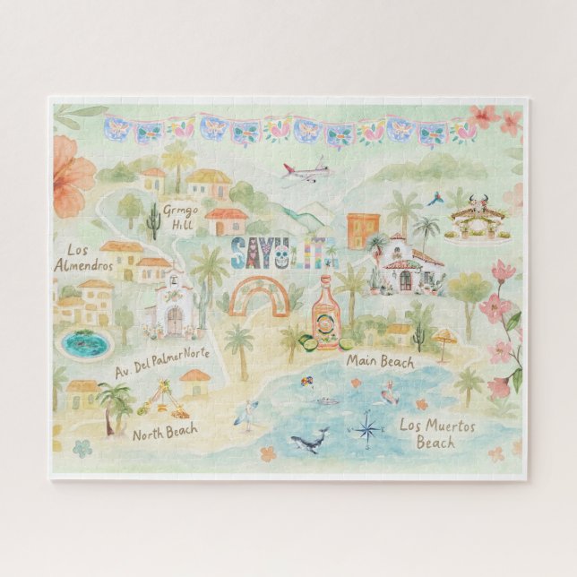 Watercolor Travel Postcard | Sayulita Mexico Jigsaw Puzzle (Horizontal)
