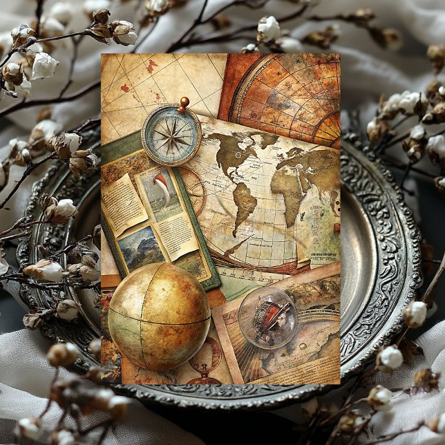 Watercolor travel retro compass old map photos tissue paper (Watercolor travel retro compass old map photos tissue paper)