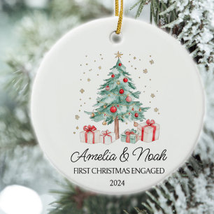 Watercolor Tree First Christmas Engaged Ceramic Ornament