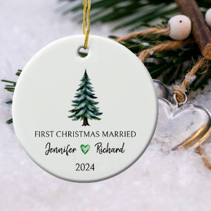 Watercolor Tree First Christmas Married Ceramic Ornament