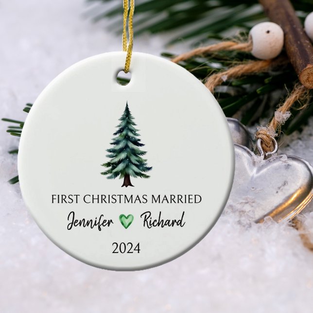 Watercolor Tree First Christmas Married Ceramic Ornament (Creator Uploaded)