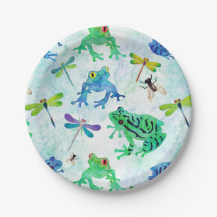 Watercolor Tree Frogs Dragonfly Nature Paper Plate