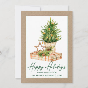 Watercolor Tree Kraft Calligraphy Green Ink Script Holiday Card