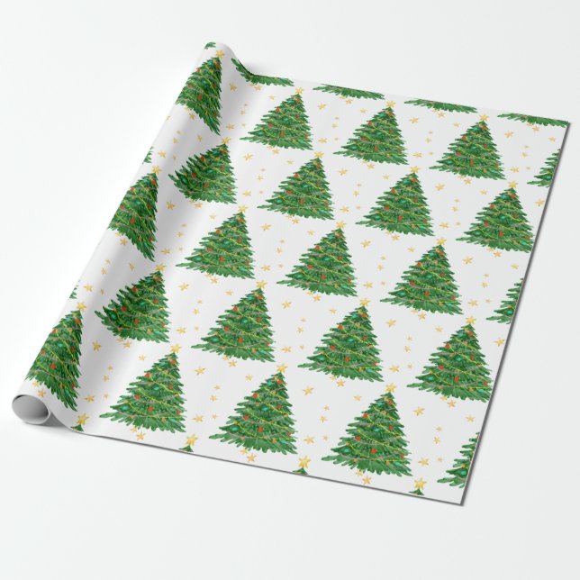 Watercolor Tree Merry Christmas Wrapping Paper (Unrolled)