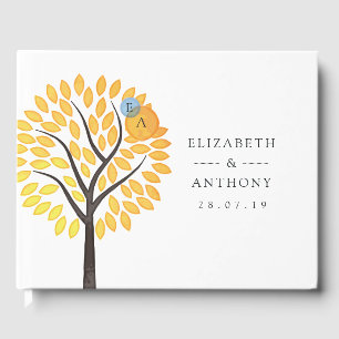 Watercolor Tree Water Drops Monogram Wedding Guest Book