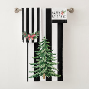 Watercolor Tree Wreath Black and White Christmas Bath Towel Set