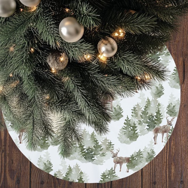 Watercolor Trees and Deer Green Christmas  Brushed Polyester Tree Skirt (Creator Uploaded)