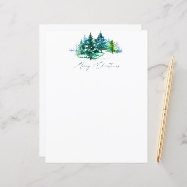 Watercolor trees Christmas stationery (Front/Back In Situ)