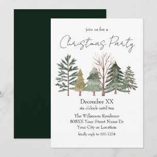Watercolor Trees & Elegant Script Christmas Party Invitation