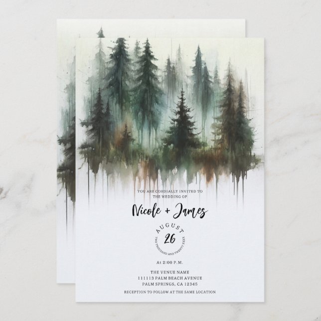Watercolor Trees Rustic Wilderness Wedding Invitation (Front/Back)