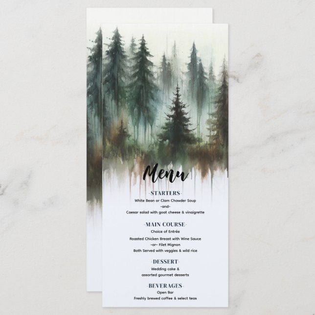 Watercolor Trees Rustic Wilderness Wedding Menu (Front/Back)