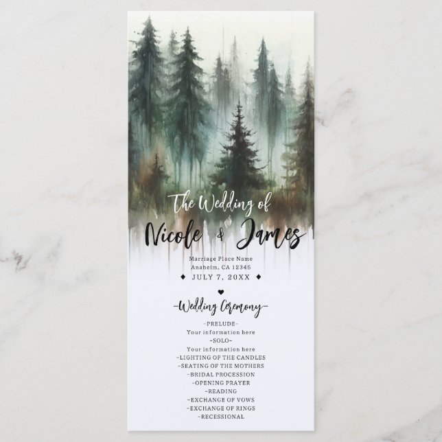 Watercolor Trees Rustic Wilderness Wedding Program (Front)
