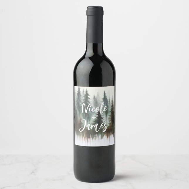 Watercolor Trees Rustic Wilderness Wedding Wine Label (Front)