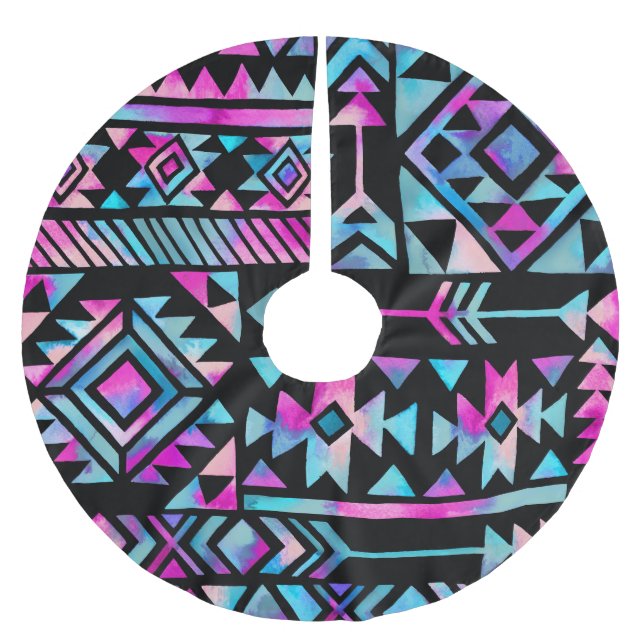 Watercolor tribal motifs, ethnic wallpaper. brushed polyester tree skirt (Front)