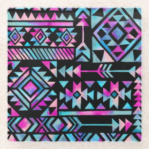 Watercolor tribal motifs, ethnic wallpaper. glass coaster