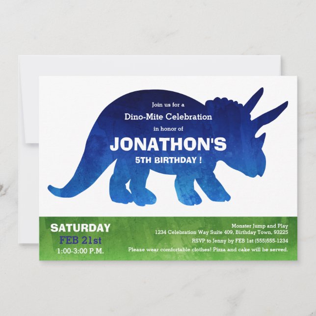 Watercolor Triceratops Dinosaur Birthday Party Invitation (Front)