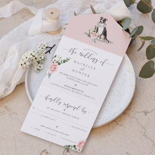 Watercolor Tricolor Pitbull Dog & Floral Pink Rose All In One Invitation