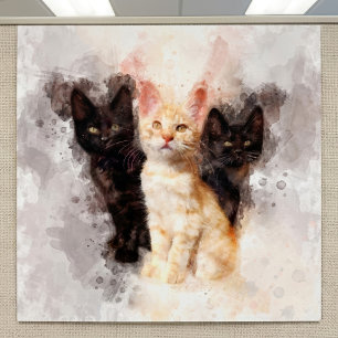 Watercolor Trio of Cute Black and Orange Kittens Poster