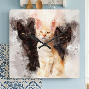 Watercolor Trio of Cute Black and Orange Kittens Square Wall Clock
