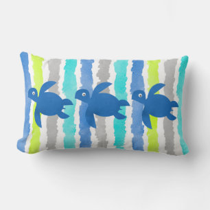 Watercolor Triple Sea Turtle Shibori Stripes Wave Lumbar Cushion
