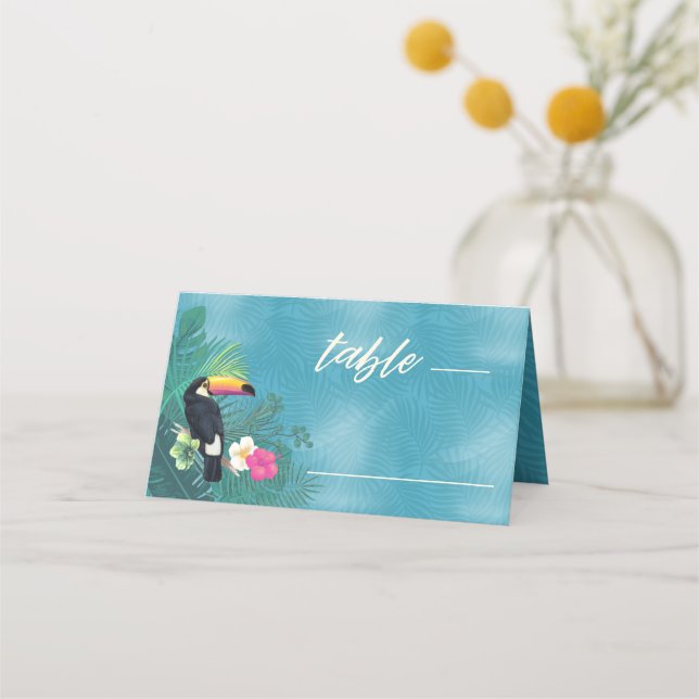 Watercolor Tropica Wedding Table Teal ID577 Place Card (Front)