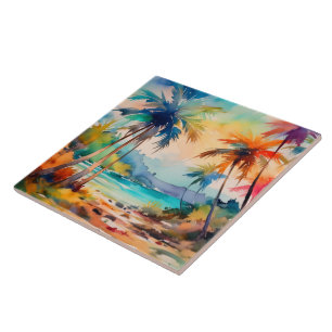Watercolor tropical art ceramic tile