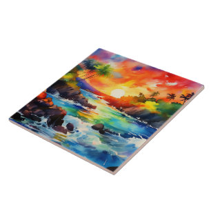 Watercolor tropical art ceramic tile