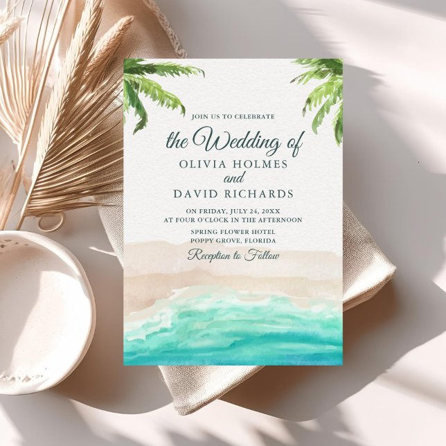 Watercolor Tropical Beach and Palm Trees Wedding Invitation (Watercolor Tropical Beach and Palm Trees Wedding Invitation on a sunny neutral boho table.)