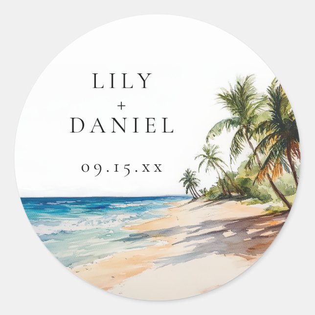 Watercolor Tropical Beach Destination Wedding Classic Round Sticker (Front)