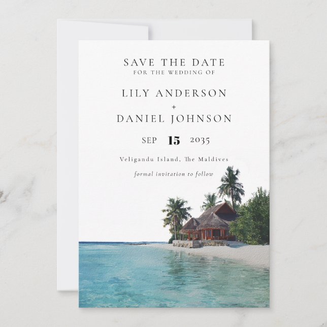 Watercolor Tropical Beach Destination Wedding Save The Date (Front)