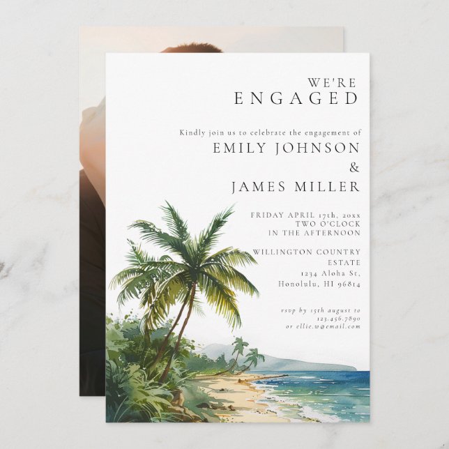 Watercolor Tropical Beach Engagement Party Photo Invitation (Front/Back)