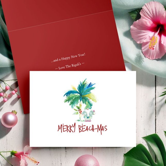 Watercolor Tropical Beach Folded Christmas Cards (Tropical beach folded Christmas cards palm tree and Santa art Victoria Grigaliunas beachmas)
