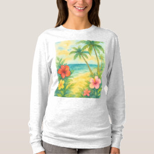Watercolor Tropical Beach Landscape Palms T-Shirt