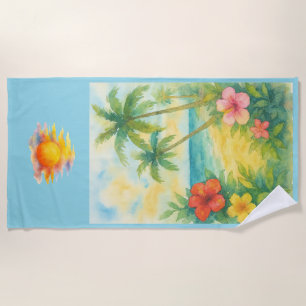 Watercolor Tropical Beach Landscape Palms Towel