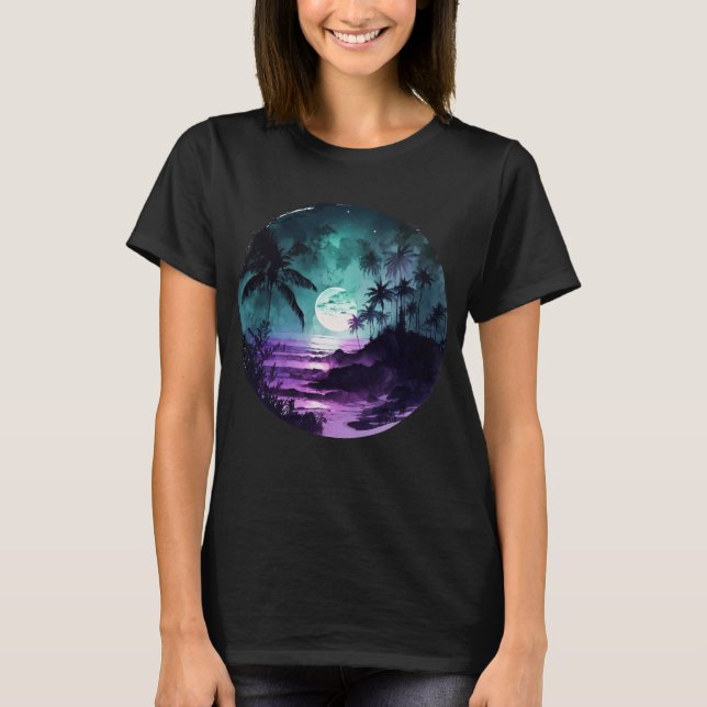 Watercolor Tropical Beach Night T-Shirt (Front)