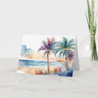 Watercolor Tropical Beach, Palm Trees Card