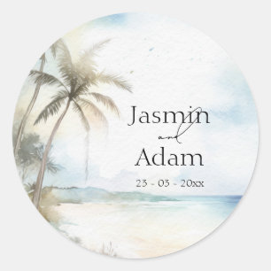 Watercolor Tropical Beach Palm Trees Wedding Classic Round Sticker