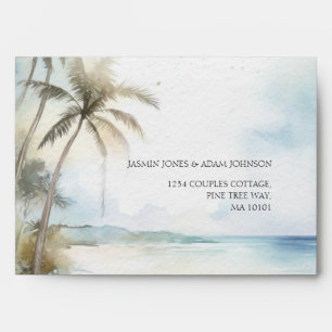 Watercolor Tropical Beach Palm Trees Wedding Envelope