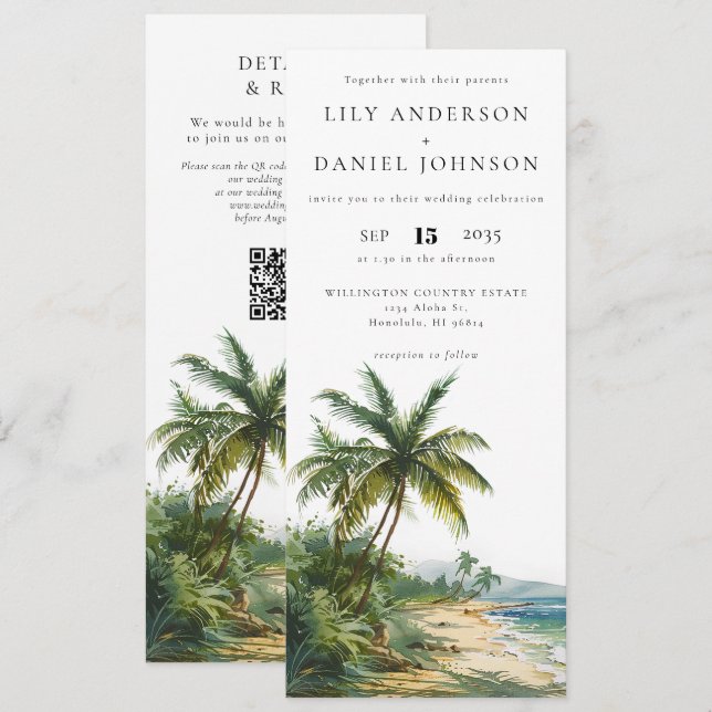 Watercolor Tropical Beach QR Code Wedding Invitation (Front/Back)