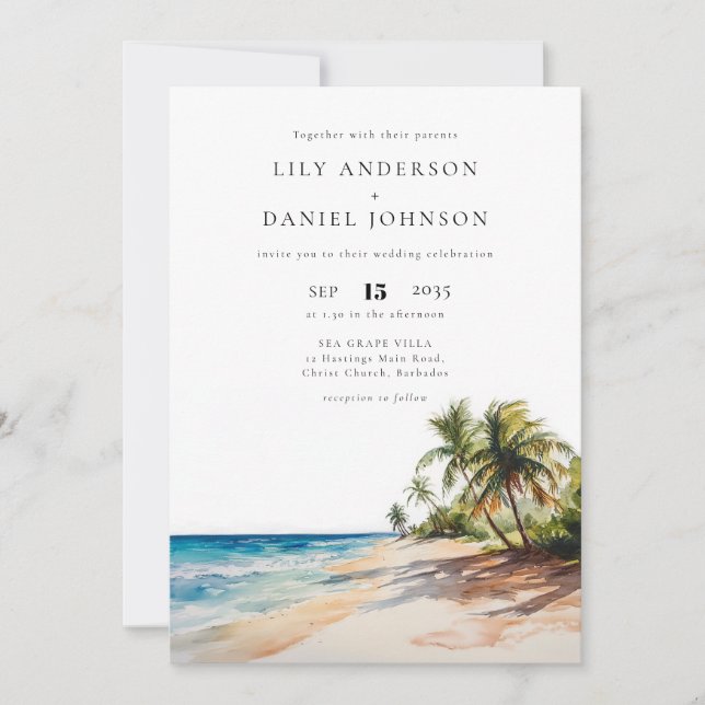 Watercolor Tropical Beach QR Code Wedding Invitation (Front)