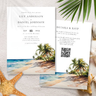 Watercolor Tropical Beach QR Code Wedding Invitation