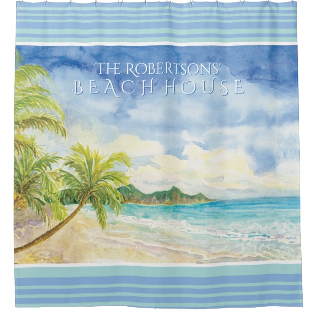 Watercolor Tropical Beach Sand Sea Tropical Palms Shower Curtain (Front)