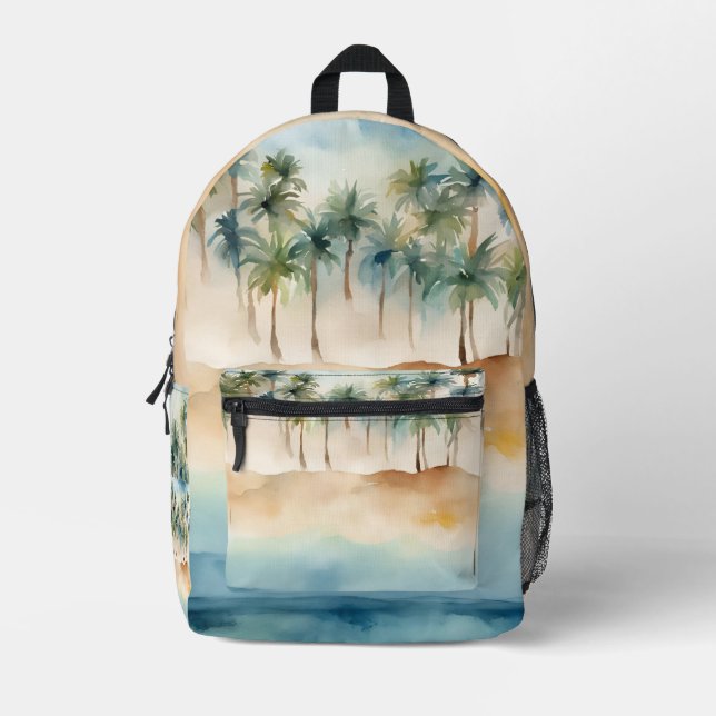 Watercolor Tropical Beach Scene Palms Sand Ocean Printed Backpack (Front)