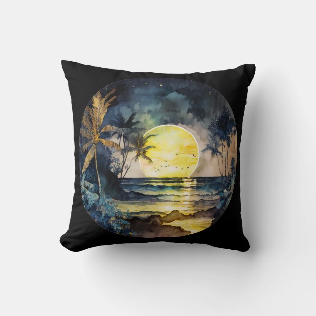 Watercolor Tropical Beach Sunset Cushion (Front)