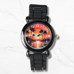Watercolor Tropical Beach Sunset Palm Trees Watch<br><div class="desc">Watercolor Tropical Beach Sunset Palm Trees Watches features a watercolor tropical beach sunset with palm tree silhouette. Created by Evco Studio www.zazzle.com/store/evcostudio</div>