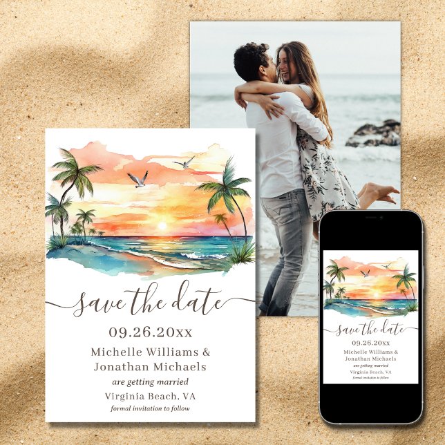 Watercolor Tropical Beach Sunset Photo Wedding Save The Date (Printed and Digital - Watercolor Tropical Beach Sunset Photo Wedding Save The Date)