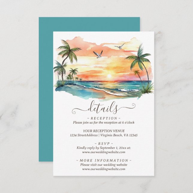 Watercolor Tropical Beach Sunset Wedding Details Enclosure Card (Front/Back)