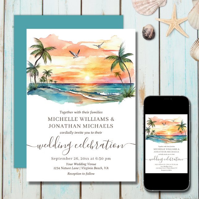 Watercolor Tropical Beach Sunset Wedding Invitation (Printed (Front and Back) and Digital - Tropical Beach Palm Trees Destination Wedding Invitation)