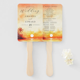 Watercolor Tropical Beach Sunset Wedding Program Hand Fan