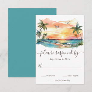 Watercolor Tropical Beach Sunset Wedding RSVP Card